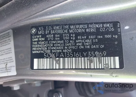 2006 BMW X5 3.0I из США, поврежденный, VIN 5UXFA13516LY35969